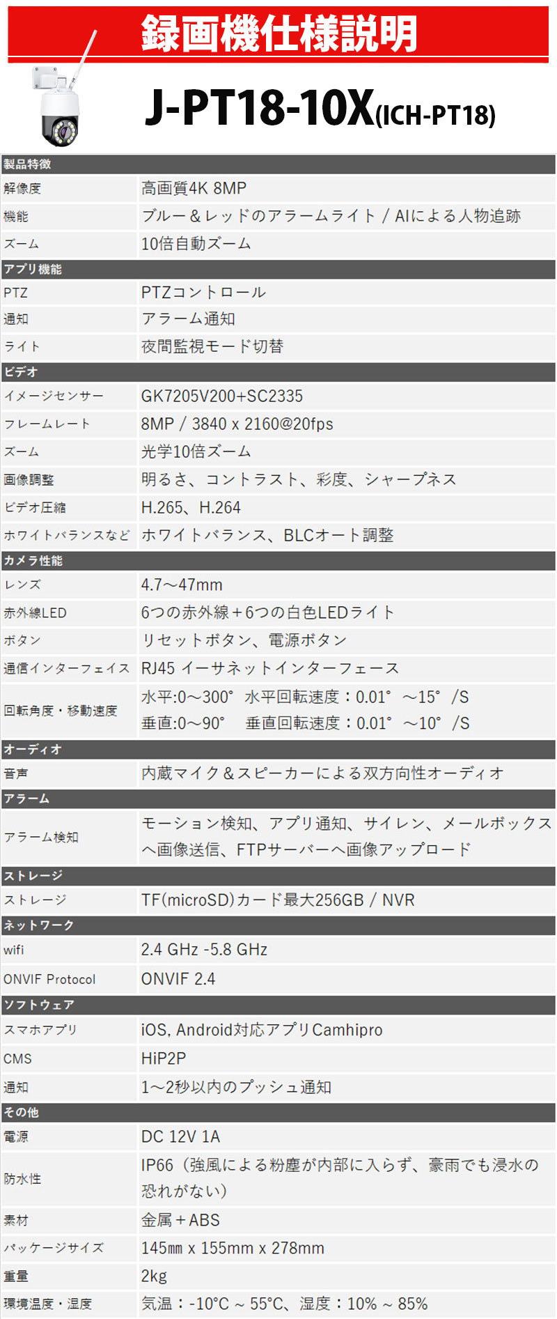 J-PT18-10X　スペック表