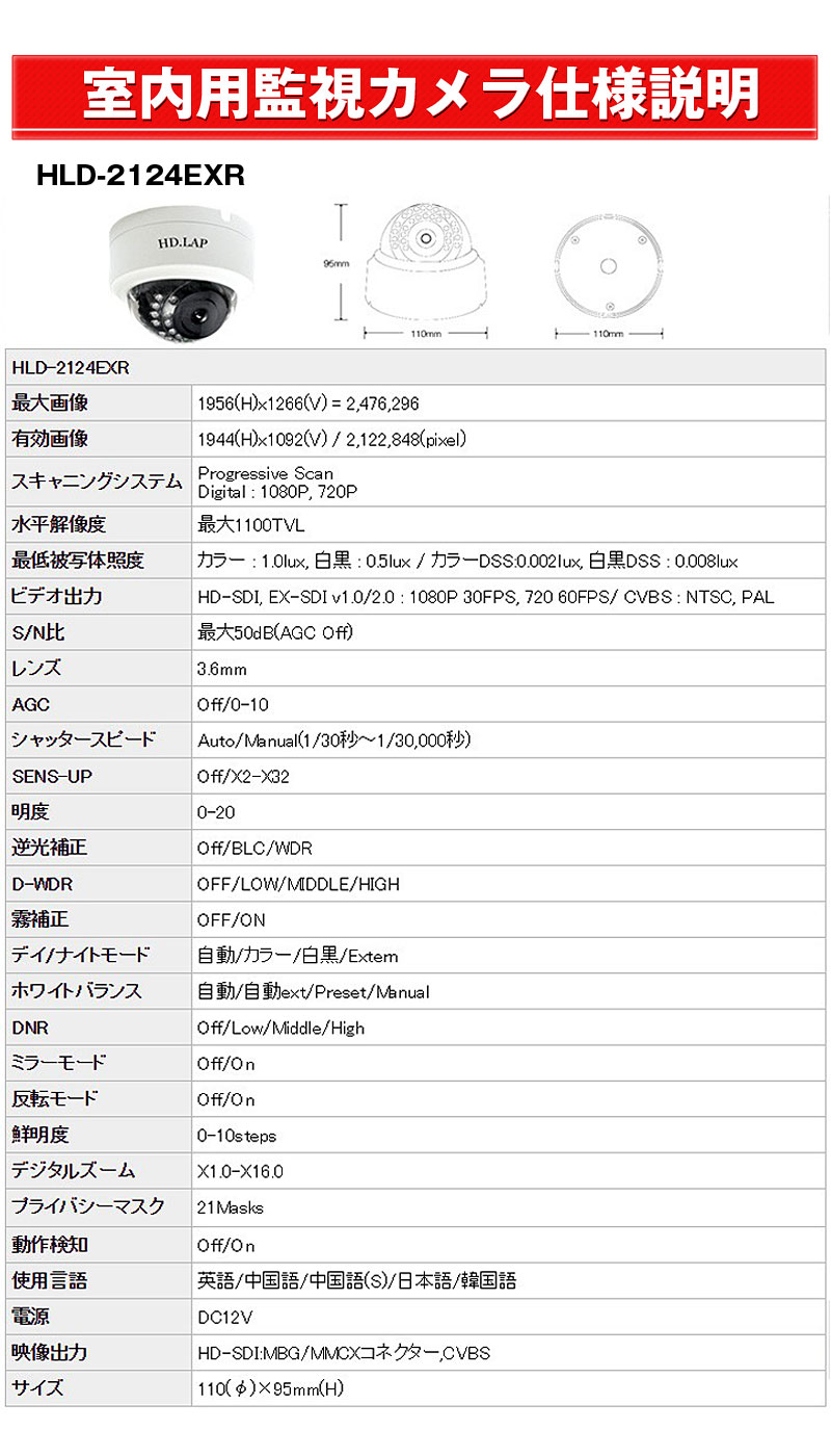 室内用監視カメラ 仕様説明 HLD-2124EXR